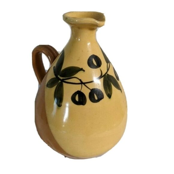 Hand-Painted Ceramic Olive Oil Decanter Pitcher Rust & Yellow With Olive Design - Picture 1 of 8